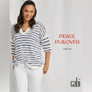 CAbi Peace Pullover V-Neck Striped Knit in White & Navy xlarge